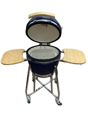 เตาย่าง Kamado เซรามิก 18 นิ้ว สีฟ้า 48 ซม. พร้อมรถเข็นและโต๊ะข้าง