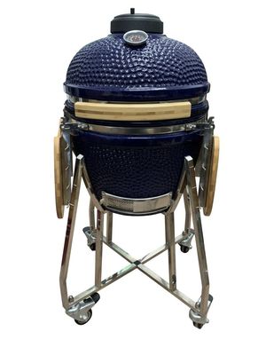 เตาย่าง Kamado เซรามิก 18 นิ้ว สีฟ้า 48 ซม. พร้อมรถเข็นและโต๊ะข้าง