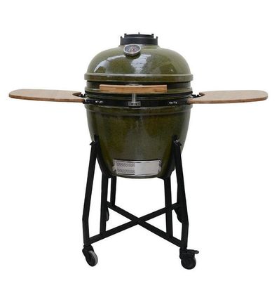 Ceramic Kamado Grill 23 นิ้ว Outdoor Charcoal สีเขียวเขตร้อน 59 ซม. พร้อมรถเข็นและโต๊ะข้าง