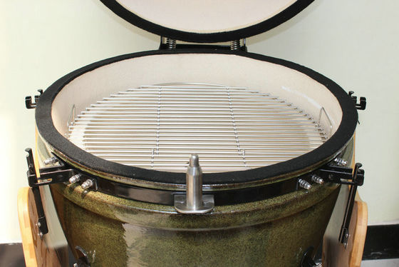 Ceramic Kamado Grill 23 นิ้ว Outdoor Charcoal สีเขียวเขตร้อน 59 ซม. พร้อมรถเข็นและโต๊ะข้าง
