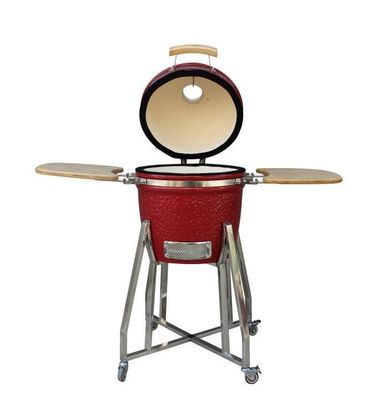 Kamado 15 นิ้วเซรามิกสโมคเกอร์ชาร์โคลสีแดง 39 ซม. พร้อมรถเข็นและโต๊ะข้าง