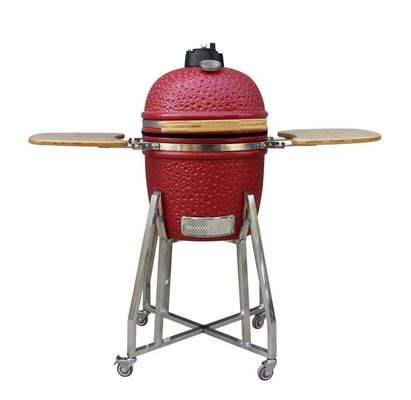 Kamado Grill สแตนเลส 15 นิ้ว สีแดง 39 ซม. พร้อมรถเข็นและโต๊ะข้าง