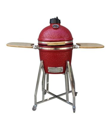 Kamado 15 นิ้วเซรามิกสโมคเกอร์ชาร์โคลสีแดง 39 ซม. พร้อมรถเข็นและโต๊ะข้าง