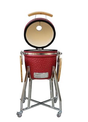 Kamado Grill สแตนเลส 15 นิ้ว สีแดง 39 ซม. พร้อมรถเข็นและโต๊ะข้าง